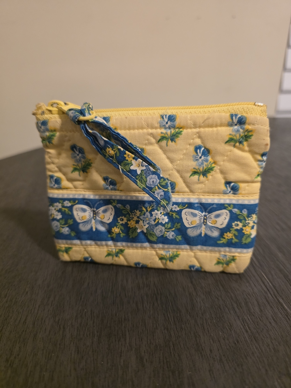 Vera Bradkey Yellow and Blue Quilted Butterfly Wristlet Cosmetic Pouch